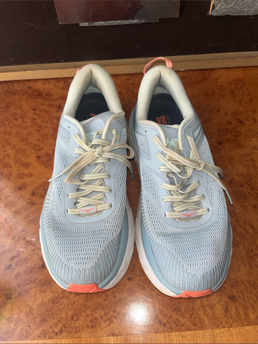 Hoka One One Women's Light Blue Running Shoes with Coral Accents